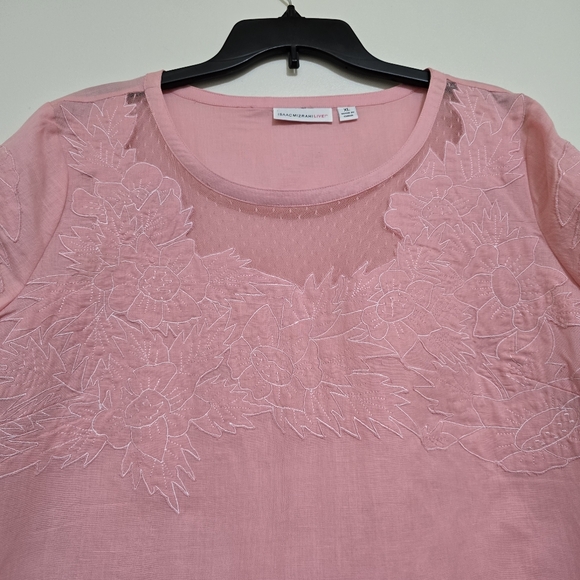 ISAAC MIZRAHI Floral Stitched Mesh Detail Short Sleeve Linen Blend Top XL Pink - Picture 5 of 12